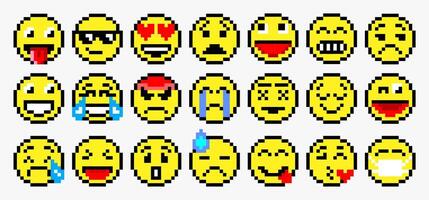 Pixel art of various emoticon. Pixelated emoji pack. Set of emoticons pixel art. Various faces. vector