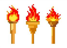 Pixel art of fire torch set . Pixelated torch icon. Game style. vector