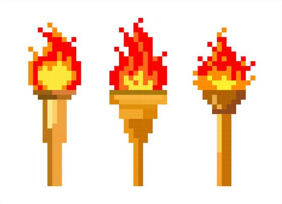 Pixel art of fire torch set . Pixelated torch icon. Game style.