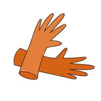 Cartoon protective rubber gloves with outline for safe cleansing of apartment and using detergent agents. Hand drawn orange latex gloves to protect hands during household isolated on white background vector