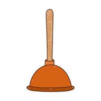 Cute outline rubber toilet plunger with wooden handle to unclog plumbing, pipe at sink, toilet. Hand drawn tool for housekeeping and clean up clogging. Colorful doodle isolated on white background. vector