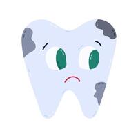 Lovely cartoon tooth with caries and sad emotion. Ill tooth with unhappy face from disease and bad hygiene. Stomatology and tooth decay concept for infographic about importance of kids dental care. vector