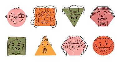 Cute cartoon set of comic faces with joyful and frustrated emotions in geometric shapes. Hand drawn crayon caricature emoticons with line expressions in circle, triangle, rectangle isolated on white. vector