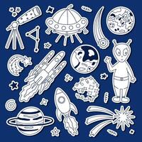 Cute outline sticker set about galaxy, astronomy for planners, notebooks, diary. Ready for print list of childish stickers with doodle of UFO flying saucer, alien, spaceship, rocket, telescope. vector