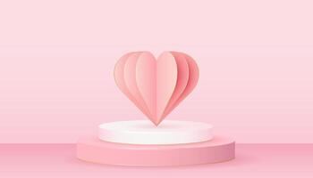 Pink realistic round podium with 3D paper heart. Valentine's Day. Decorative paper heart. vector