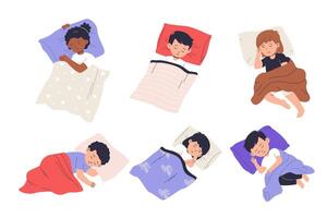 set of children sleeping with blanket vector