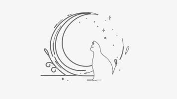 Animated continuous single line drawing of a cat and moon, line art animation video