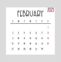 February 2025 Monthly Calendar design with thin hand drawn font vector