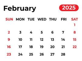 February 2025 monthly calendar design in clean look vector