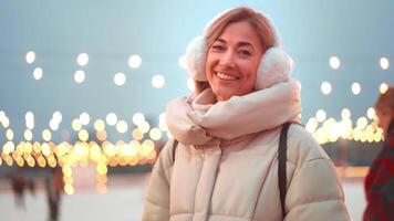 Woman smiling outside ice rink during christmas holidays video