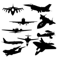 airplane silhouettes from different angles and types on white background. ideal for transportation or airplane design vector