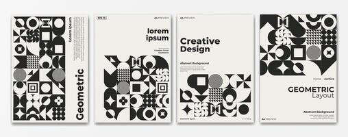 black and white geometric poster set with a4 format preview. Retro black and white geometric Bauhaus pattern background. Square, circle, semicircle, triangle and square line pattern vector