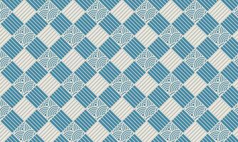 Blue and Beige Geometric seamless Pattern. Geometric pattern of blue and beige squares with striped and circular designs. vector