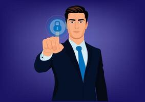 A young businessman stands with a straight face. And his index finger points forward. Open the system. Security and protection of customer personal information. Illustration. vector