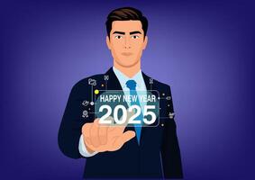 Happy New Year 2025. Touch your hand on the virtual screen. New goals, plans and numbers for the year ahead. Illustration. vector