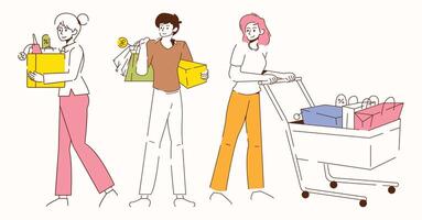 Three people are shopping and one of them is pushing a shopping cart vector