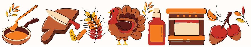 A turkey is shown in the middle of the image. There is a knife next to it, and a bottle of sauce is also present vector