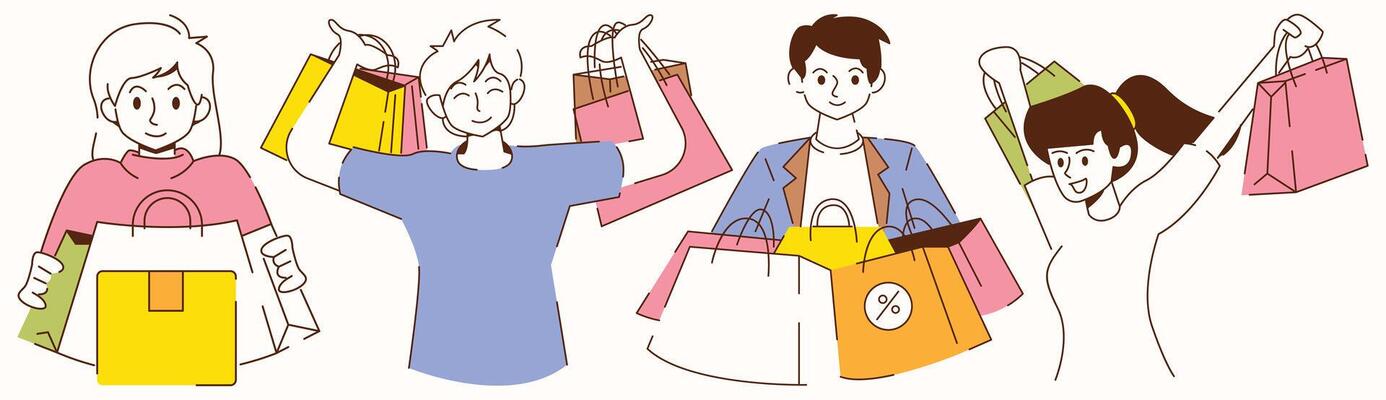 Four people are holding shopping bags. One of them is wearing a blue shirt. The other three are wearing pink shirts