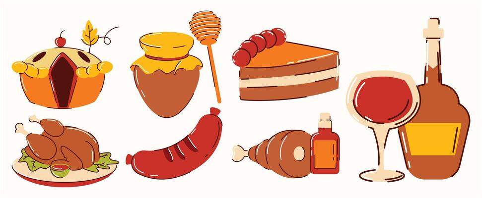 A collection of food items including a pie, cake, sausage, and wine