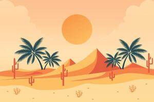 flat minimalistic illustration of desert with palms and clouds vector