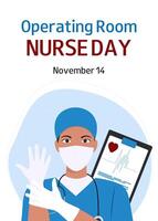 Vertical background with nurse in blue uniform. Operating Room Nurse Day. November 14. Design for banner, greeting card, presentation, flyer. vector