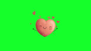 smiling animated heart floating above ground with small hearts on green background video