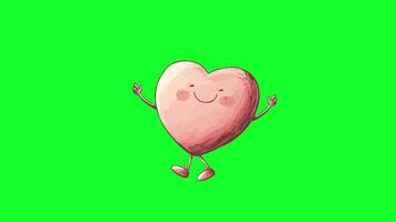 smiling animated heart walking on green background video