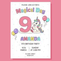 Unicorn invitation. Birthday party invitation card with unicorn and birthday anniversary number. vector