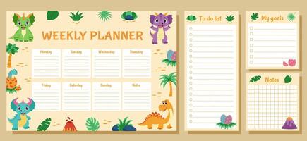 Dinosaur set of weekly planner, to do list, goals and notes. Set with dinosaurs and tropical plants. vector