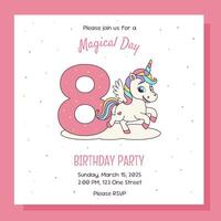 Birthday party invitation with unicorn concept. Template with unicorn and birthday anniversary number. vector