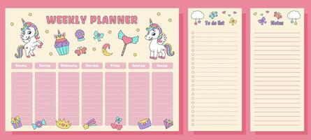 Unicorn set of weekly planner, to dolist and notes. Planners with magic elements and unicorns. vector