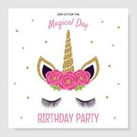 Unicorn birthday party invitation, greeting card. Invitation with unicorn elements and roses. vector