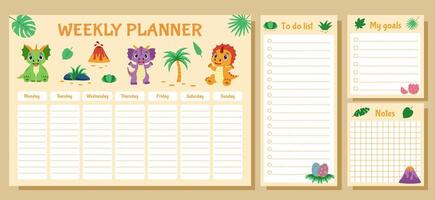Weekly planner, to do list, goals and notes. Set with dinosaurs and tropical plants. Dinosaurs concept. vector