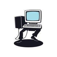 Vintage Desktop Computer with Human Legs Unique Illustration Symbolizing Movement and Technology in a Creative Retro Style vector