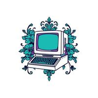 Retro Desktop Computer with Floral Ornamentation Vibrant Artwork Combining Vintage Technology and Decorative Design in a Unique Style vector
