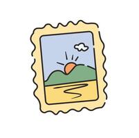 A postcard with a picture of a mountain and sun vector