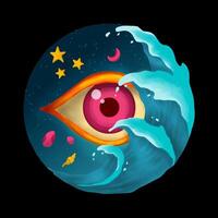 Surreal Cosmic Eye with Waves and Stars Illustration vector