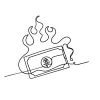 a drawing of a burning dollar bill continuous line vector