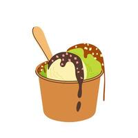 Ice cream scoop. Vanilla and matcha ice cream topped with caramel and chocolate. Sweet summer dessert. vector