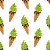 Ice cream in waffle cone. Sweet summer dessert. Matcha ice cream. Seamless pattern for textile, wrapping paper, background. vector
