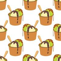 Ice cream scoop. Vanilla and matcha ice cream topped with caramel and chocolate. Seamless pattern for textile, wrapping paper, background. vector
