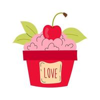Valentine hand drawn illustration. Ice cream, yogurt, whipped cream with cherry flavor. Ripe cherries. vector