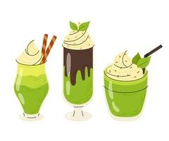 Set matcha drinks. Different drinks with matcha powder, chocolate and vanilla ice cream. Flat illustration on white background. vector