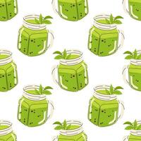 Fresh matcha smoothie with tapioca. Trendy glass jar. Green tea drink. Seamless pattern for textile, wrapping paper, background. vector