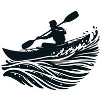 Adventurous Kayaking on Rushing Waters Black and White Silhouette vector