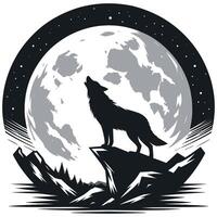 Majestic Wolf Howling on Cliff with a Glowing Full Moon Background vector