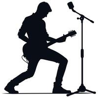Rock Star Silhouette Playing Electric Guitar with Microphone Stand in a Dynamic Pose vector