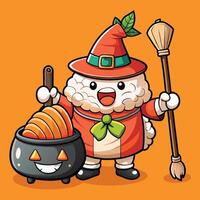 Bewitching Salmon Sushi Witch with Broomstick and Pumpkin Jack o Lantern vector