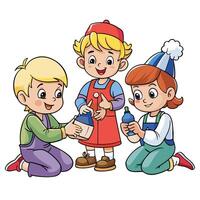 Cute Kids Engaging in the Playful Act of Inserting a Nail into a Bottle vector