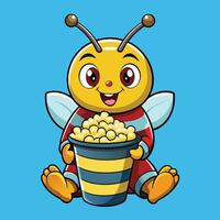 Adorable Honeybee Indulging in Popcorn Treat with Cheerful Expression vector
